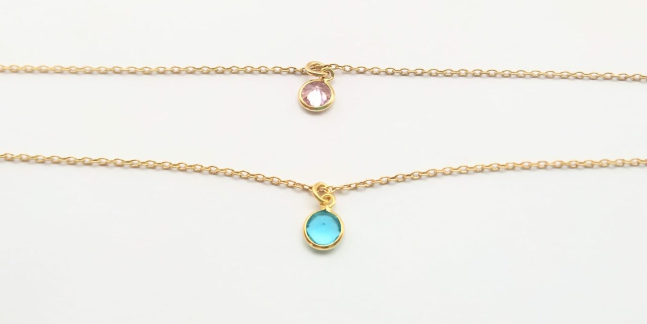 Collar dorado cadena doble circonita rosa y aguamarina plata de ley