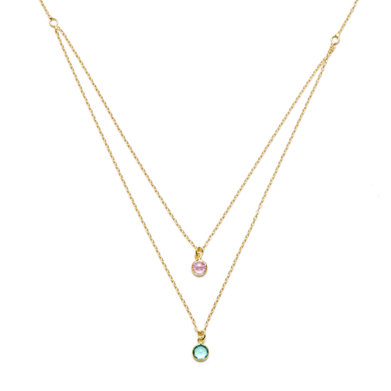 Collar dorado cadena doble circonita rosa y aguamarina plata de ley