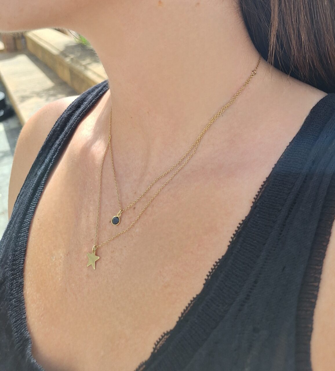 Collar Dorado Cadena Doble Estrella y Circonita Negra