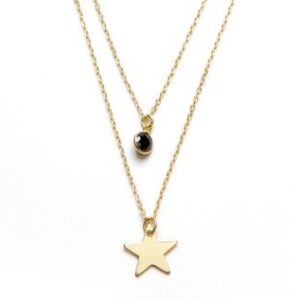Collar Plata Baño Oro Cadena Doble Estrella y Circonita Negra