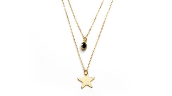collar doble estrella y circonita negra plata baño oro