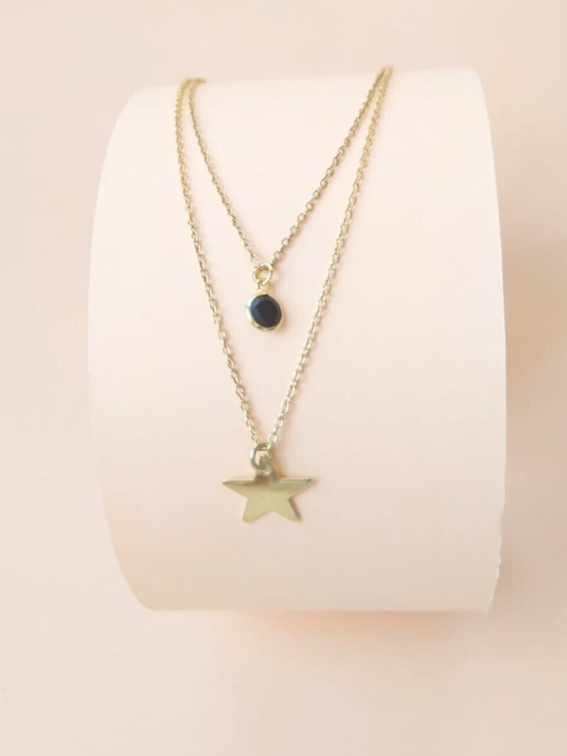Collar Dorado Cadena Doble Estrella y Circonita Negra.